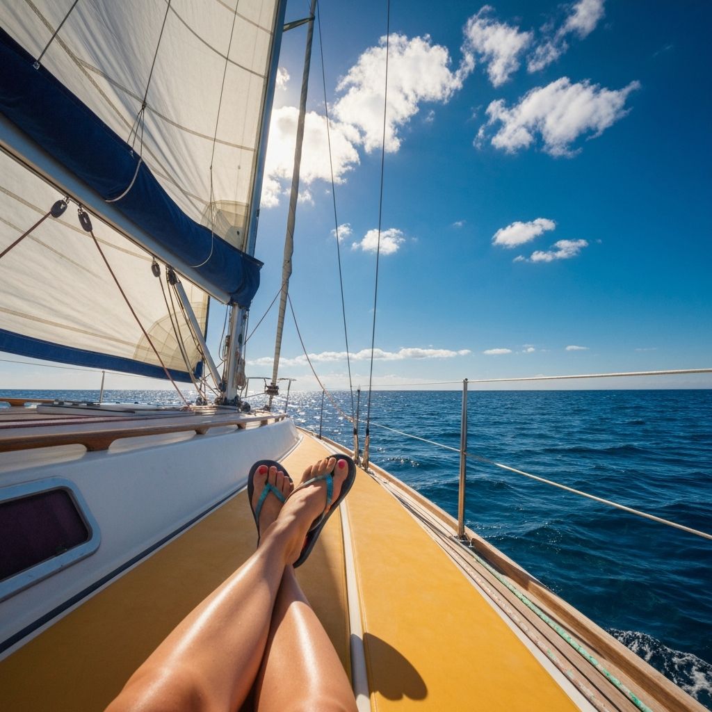 Female feet on sailboat